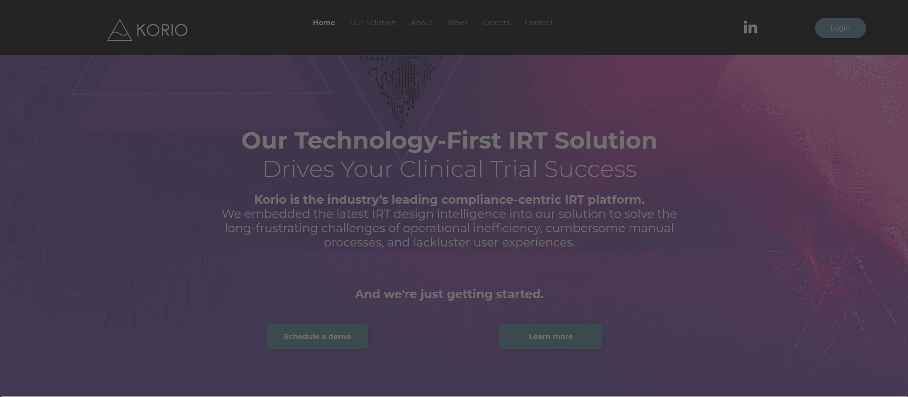 The Korio website: “Our Technology-First IRT Solution Drives Your Clinical Trial Success.”